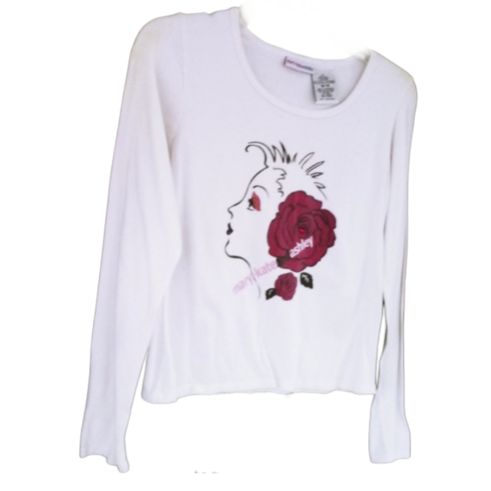 Zz) Vintage Mary-Kate & Ashley White Long Sleeve Graphic Top | Size 10/12
